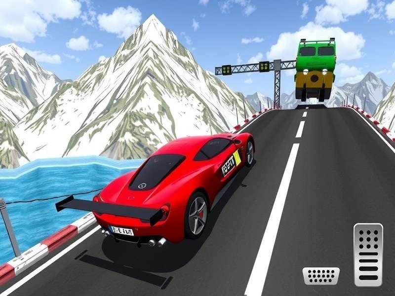 Extreme Car Driving Simulator gameplay screenshot showing a red sports car performing a jump