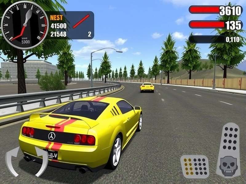 Extreme Car Driving Simulator gameplay screenshot showing a sports car in an urban environment