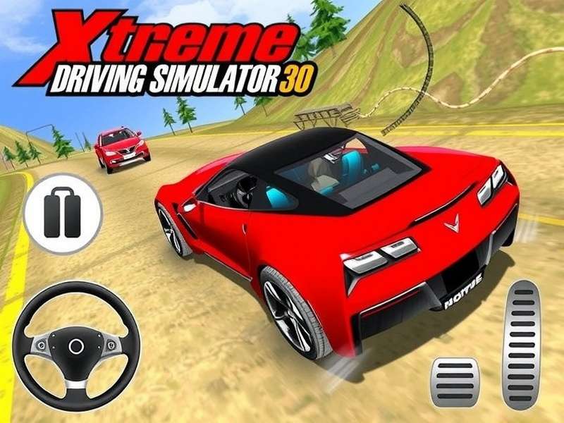 Gameplay screenshot of Extreme Car Driving Simulator 2015 showing a red sports car performing a stunt in an urban environment