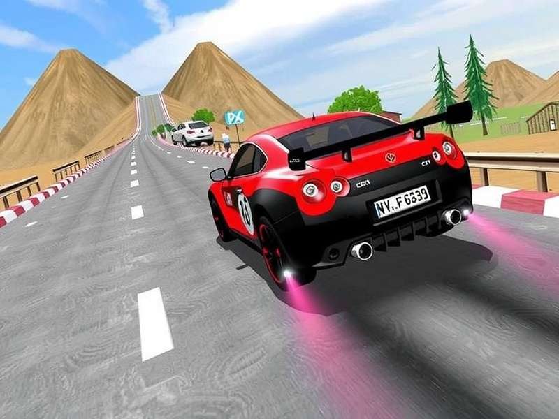 Extreme Car Driving Simulator gameplay showing stunt car driving on a highway with city skyline